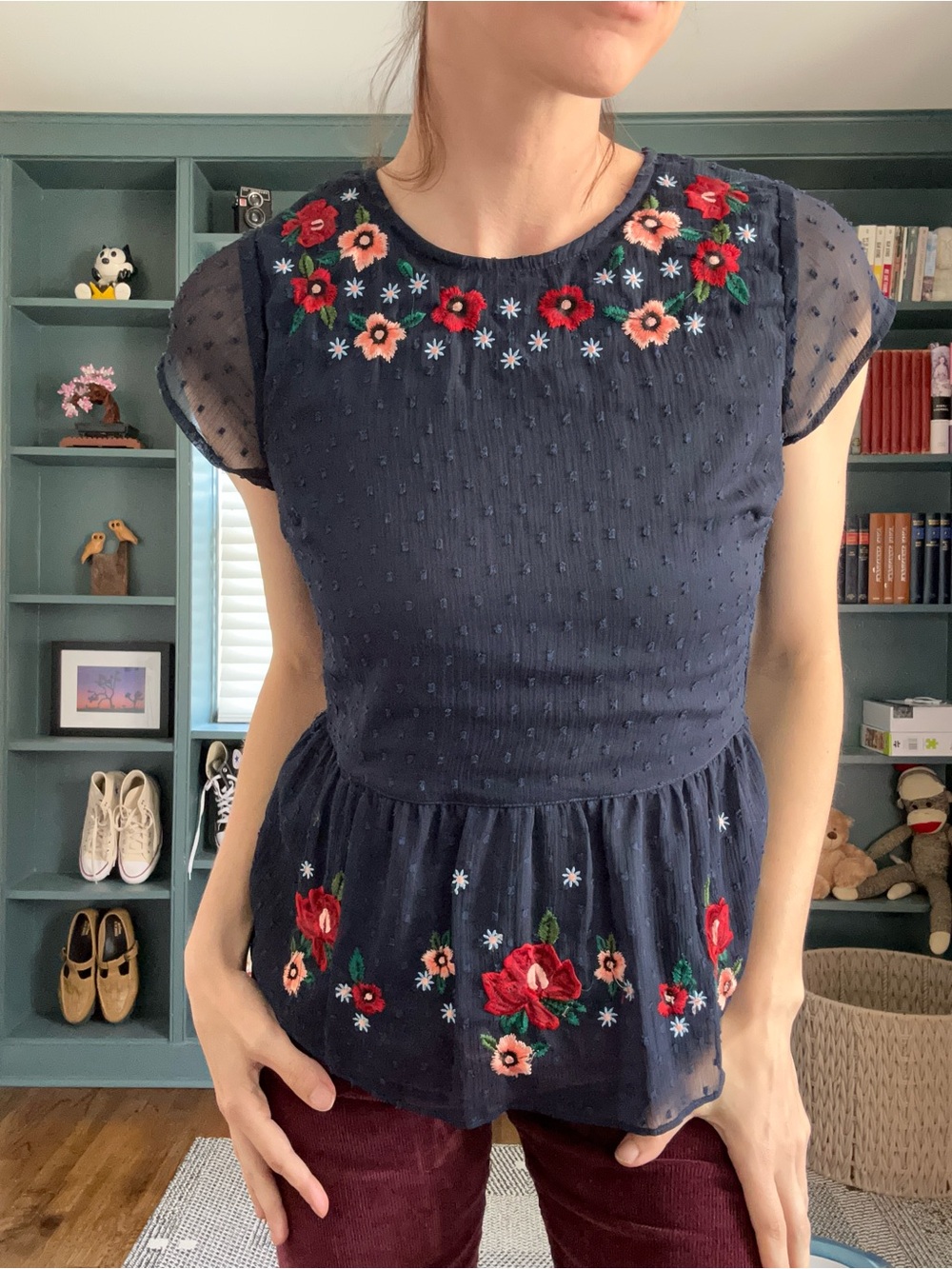 Blue Rain Navy Floral Embroidered Peplum Blouse